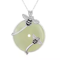 TOUPOP Sterling Silver Jade Cat Hummingbird Dragonfly Butterfly Bee Necklace-style_name:Bee-White Gold