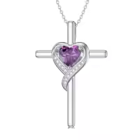 TOUPOP Sterling Silver Birthstone Cross Necklace Heart Pendant Gift for Women-color_name:02-Amethyst-Feb.