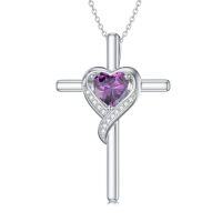wholesale TOUPOP Birthstone Cross Necklace For Women 925 Sterling Silver Heart Cross Pendant Necklace Birthday Christmas Jewelry Gifts For Her Girlfriend -color_name:02-Amethyst-Feb.