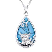wholesale Butterfly/dragonfly/bee Necklace For Women 925 Sterling Silver Teardrop Moonstone Turquoise Pendant Animal Jewelry Christmas Gifts For Women -style_name:2-Turquoise Highland Cow