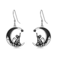 TOUPOP Sterling Silver Pumpkin Moon Earrings Halloween Dangle Gothic Gift-style_name:Black Cat