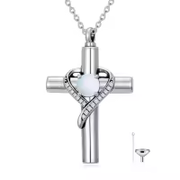 TOUPOP Sterling Silver Birthstone Cross Urn Necklace For Ashes Memorial Keepsake-color_name:10-October-Opal