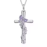 TOUPOP White Gold Plated S925 Sterling Silver with Birthstone Butterfly Urn Necklace for Ashes-color_name:Butterfly Cross Urn-Jun