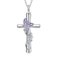 wholesale Butterfly Cross Urn Necklaces For Ashes Women White Gold Plated S925 Sterling Silver Funnel Filler Memorial Cremation Jewelry With Birthstone Sympathy Xmas Gifts For Women Loss Of Loved One -color_name:Butterfly Cross Urn-Jun