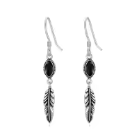 TOUPOP 925 Sterling Silver Stone Western Boho Feather Drop Dangle Earrings-color_name:Black Onyx