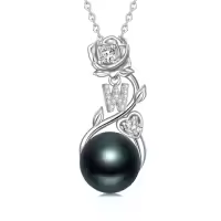 TOUPOP Sterling Silver Black Pearl Rose Letter Pendant Necklace-style_name:Rose Letter W