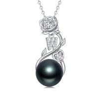 wholesale Rose Black Pearl Necklace Sterling Silver Black Pearl Rose Initial A To Z Letter Pendant Necklace Anniversary Jewelry Christmas Valentine Birthday Gifts For Women Wife Her Mom -style_name:Rose Letter W