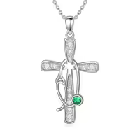 TOUPOP Sterling Silver Birthstone Cross Stethoscope Nursing Necklace Pendant-style_name:5-May-Emerald