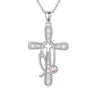 TOUPOP Sterling Silver Birthstone Cross Stethoscope Nursing Necklace Pendant-style_name:10-Oct-Pink