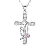 wholesale Birthstone Cross Stethoscope Necklace 925 Sterling Silver Nursing Necklace Pendant Nurse Jewelry Birthday Graduation Christmas Gifts For Women -style_name:10-Oct-Pink
