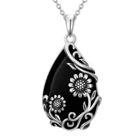 TOUPOP Sterling Silver Black Onyx Daisy Hibiscus Lotus Rose Peony Sunflower Pendant Necklace-style_name:Daisy