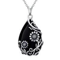 wholesale Daisy/hibiscus/lotus/rose/peony/sunflower Necklace 925 Sterling Silver Teardrop Black Onyx Pendant Vintage Flower Jewelry Gifts For Women -style_name:Daisy