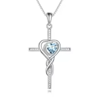 TOUPOP Sterling Silver Birthstone Cross Necklace Heart Infinity Jewelry Gifts-color_name:03-March-Aquamarine