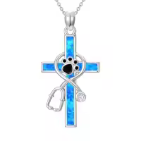TOUPOP Sterling Silver Stone Nurse Stethoscope Cross Necklace Gift-style_name:C00-Blue Opal Paw Prints Stethoscope