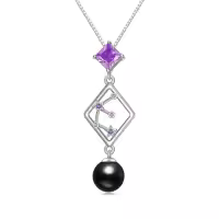 TOUPOP Sterling Silver Black Freshwater Pearl Constellation Necklace-style_name:Pisces (2.19 - 3.20) with Aquamarine March Birthstone