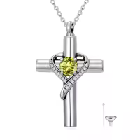 TOUPOP Sterling Silver Birthstone Cross Urn Necklace For Ashes Memorial Keepsake-color_name:08-August-Peridot