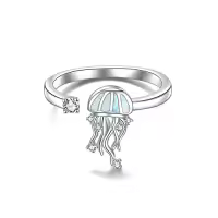 TOUPOP Sterling Silver Cute Animals Adjustable Open Rings Gifts-style_name:Jellyfish Ring-White