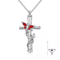 TOUPOP White Gold Plated S925 Sterling Silver with Birthstone Dragonfly Urn Necklace for Ashes-color_name:Dragonfly Cross Urn-Jan