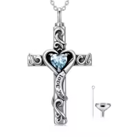 TOUPOP Sterling Silver Birthstone Cross Urn Necklace for Ashes with Filler-color_name:03-March-Aquamarine