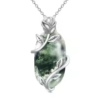TOUPOP Sterling Silver Rose Flower Gemstone Pendant Necklace-color_name:Moss Agate