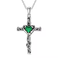 TOUPOP Sterling Silver Birthstone Heart Cross Pendant Necklace For Women-color_name:05-Emerald-May
