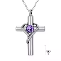TOUPOP Sterling Silver Birthstone Cross Urn Necklace For Ashes Memorial Keepsake-color_name:02-February-Amethyst