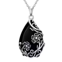 TOUPOP Sterling Silver Black Onyx Daisy Hibiscus Lotus Rose Peony Sunflower Pendant Necklace-style_name:Peony