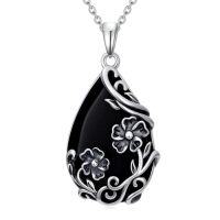 wholesale Daisy/hibiscus/lotus/rose/peony/sunflower Necklace 925 Sterling Silver Teardrop Black Onyx Pendant Vintage Flower Jewelry Gifts For Women -style_name:Peony