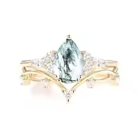 TOUPOP 10k 14k 18k Gold Moss Agate Moissanite Pear Bridal Wedding Ring Set-style_name:E Moss Agate Gold Ring
