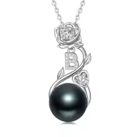 TOUPOP Sterling Silver Black Pearl Rose Letter Pendant Necklace-style_name:Rose Letter B