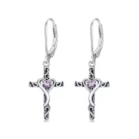 TOUPOP Sterling Silver Birthstone Heart Cross Dangle Drop Earrings-color_name:02-February-Amethyst