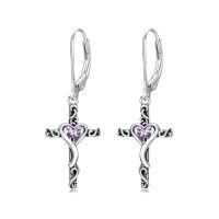 wholesale TOUPOP Birthstone Cross Earrings 925 Sterling Silver Heart Cross Dangle Drop Earrings Fine Jewelry Birthday Christmas Gifts For Women Her Girlfriend -color_name:02-February-Amethyst