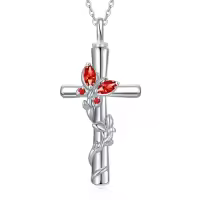 TOUPOP White Gold Plated S925 Sterling Silver with Birthstone Butterfly Urn Necklace for Ashes-color_name:Butterfly Cross Urn-Jul