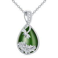 wholesale Green Jade Necklace Sterling Silver Teardrop Hummingbird/dragonfly/butterfly/bee/cat/cardinal/owl/fox/sloth Natural Jade Jewelry Birthday Christmas Gifts Women Mom Wife -style_name:Dragonfly-White Gold