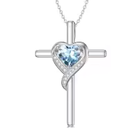 TOUPOP Sterling Silver Birthstone Cross Necklace Heart Pendant Gift for Women-color_name:03-Aquamarine-Mar.