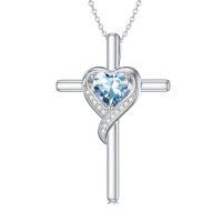 wholesale TOUPOP Birthstone Cross Necklace For Women 925 Sterling Silver Heart Cross Pendant Necklace Birthday Christmas Jewelry Gifts For Her Girlfriend -color_name:03-Aquamarine-Mar.