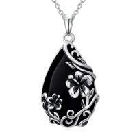 wholesale Daisy/hibiscus/lotus/rose/peony/sunflower Necklace 925 Sterling Silver Teardrop Black Onyx Pendant Vintage Flower Jewelry Gifts For Women -style_name:Hibiscus