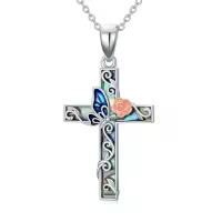 TOUPOP Sterling Silver Abalone Shell Butterfly Ladybug Hummingbird Dragonfly Bee Rose Cross Pendant-style_name:Butterfly