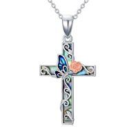 wholesale TOUPOP Cross Necklace Sterling Silver Butterfly/ladybug/hummingbird/dragonfly/bee Abalone Shell Rose Cross Pendant For Women Religious Gift For Mom Grandma Wife Sister Her -style_name:Butterfly