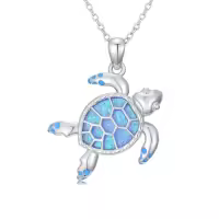 TOUPOP Sterling Silver & Stone Penguin/Turtle/Phoenix/Fox Necklace-style_name:E00-Sea Turtle-Blue opal
