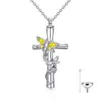 TOUPOP White Gold Plated S925 Sterling Silver with Birthstone Dragonfly Urn Necklace for Ashes-color_name:Dragonfly Cross Urn-Nov