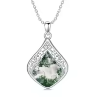 TOUPOP Sterling Silver Teardrop Gemstone Filigree Pendant Necklace-color_name:B-Moss Agate