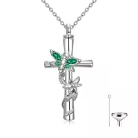 TOUPOP White Gold Plated S925 Sterling Silver with Birthstone Dragonfly Urn Necklace for Ashes-color_name:Dragonfly Cross Urn-May