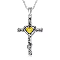 TOUPOP Sterling Silver Birthstone Heart Cross Pendant Necklace For Women-color_name:11-Citrine-November