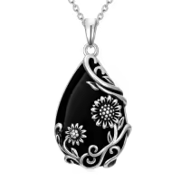 TOUPOP Sterling Silver Black Onyx Daisy Hibiscus Lotus Rose Peony Sunflower Pendant Necklace-style_name:Sunflower