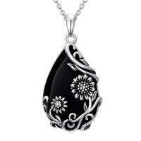 wholesale Daisy/hibiscus/lotus/rose/peony/sunflower Necklace 925 Sterling Silver Teardrop Black Onyx Pendant Vintage Flower Jewelry Gifts For Women -style_name:Sunflower
