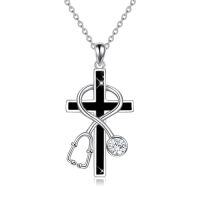 wholesale TOUPOP Christmas Gifts For Nurses Sterling Silver Nurse Stethoscope Necklace Cross Pendant Nursing Theme Necklace Jewelry Best Nurse Ever Gifts For Women Daughter Doctor Medical Assistant Rn -style_name:A02-Black Onyx Stethoscope
