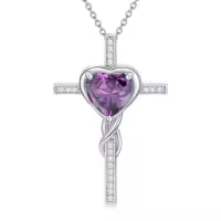 TOUPOP Sterling Silver Birthstone Cross Heart Pendant Necklace For Women-color_name:02-Amethyst-Feb.