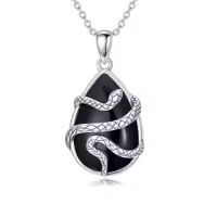 TOUPOP Sterling Silver Onyx Hummingbird Dragonfly Butterfly Snake Octopus Pendant Necklace-style_name:Black Onyx-Snake