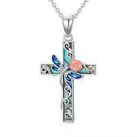 TOUPOP Sterling Silver Abalone Shell Butterfly Ladybug Hummingbird Dragonfly Bee Rose Cross Pendant-style_name:Dragonfly
